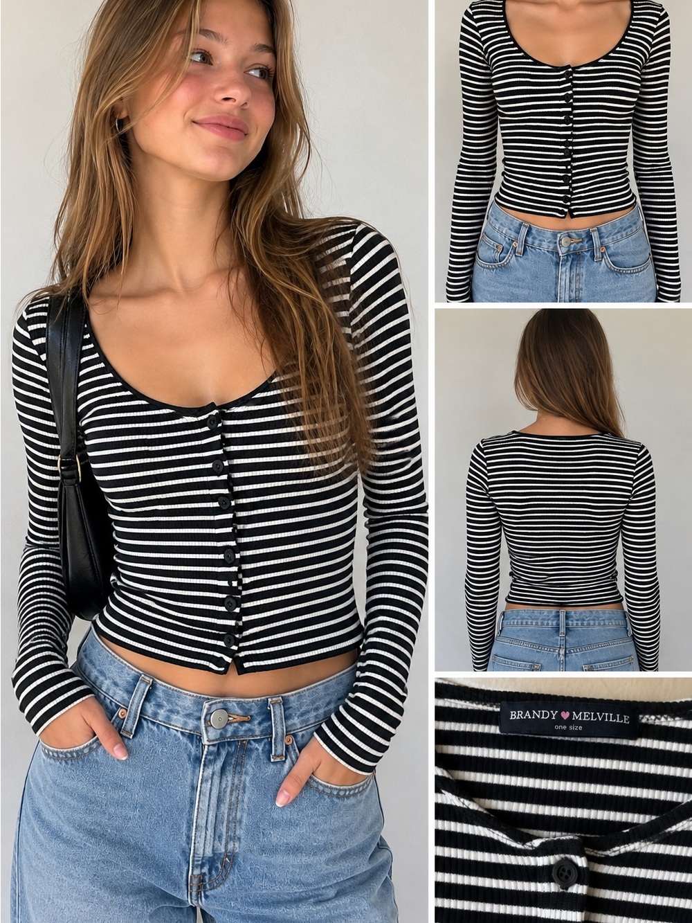Brandy Melville Striped Cardigan Black White Button Front One Size
